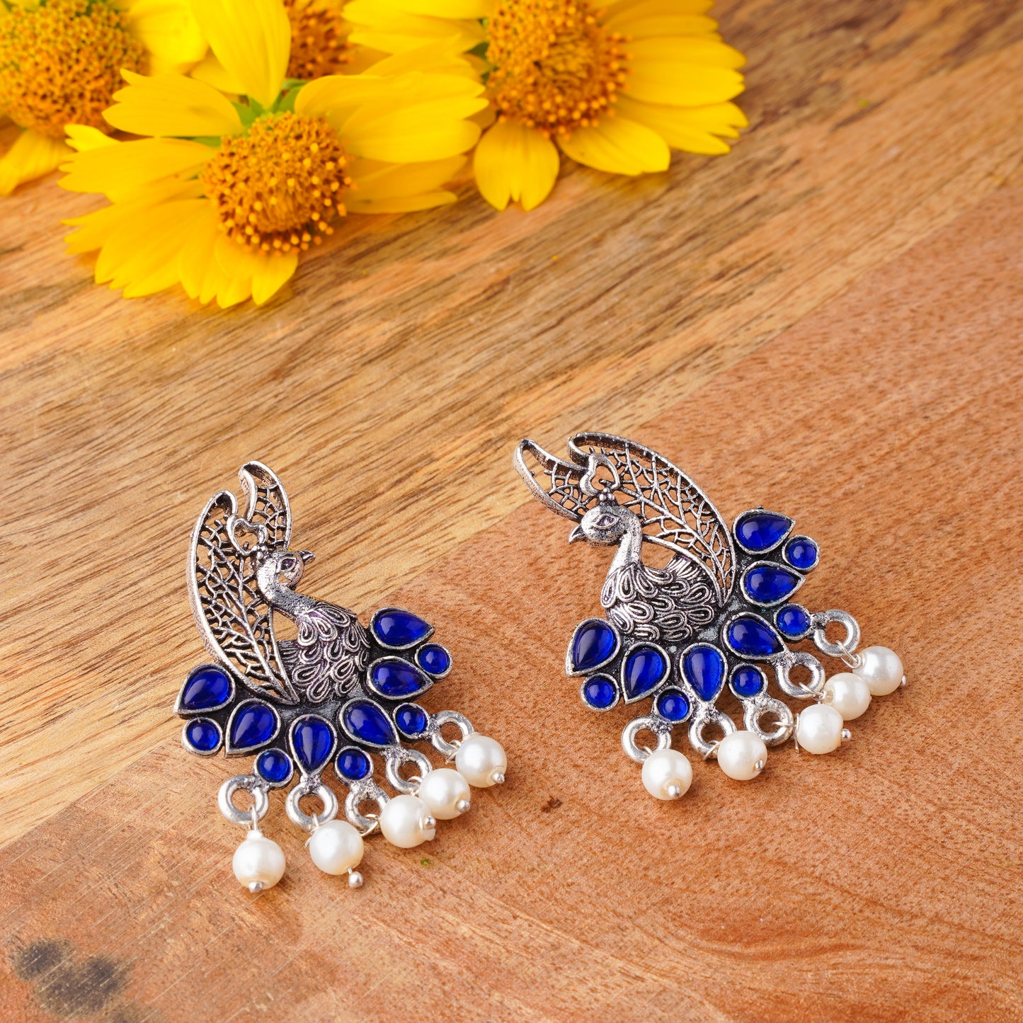 Blue Stone Studded Peacock Earrings