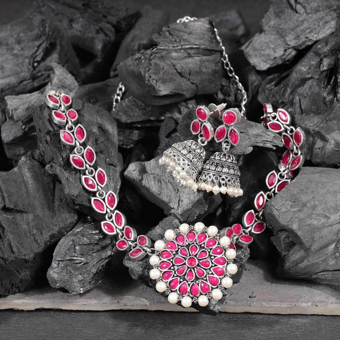 Red Stone studded German Silver Neckpiece set