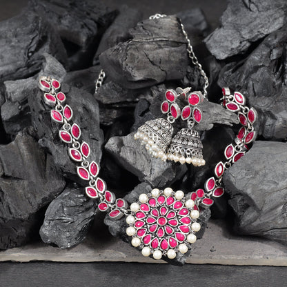 Red Stone studded German Silver Neckpiece set