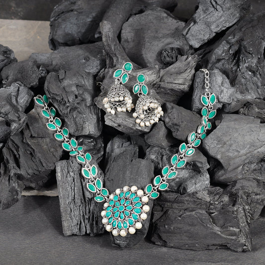 Green Stone studded German Silver Neckpiece set