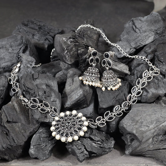 Black Stone studded German Silver Neckpiece set