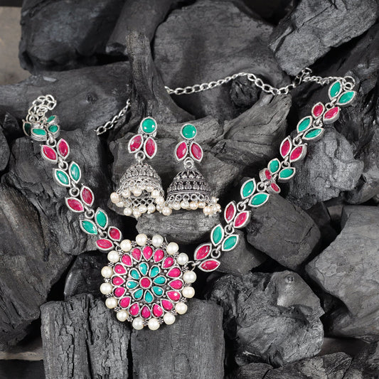 Multicolored Stone studded German Silver Neckpiece set