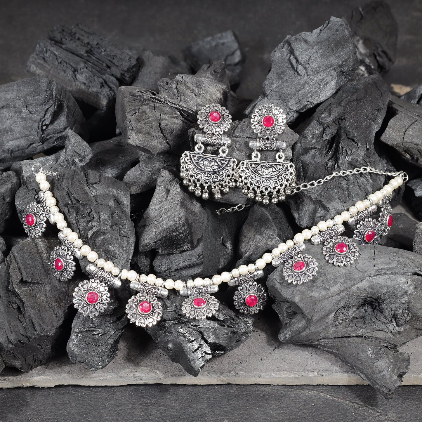 Red Stone studded German Silver Neckpiece set