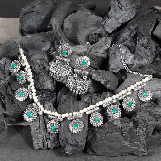 Green Stone studded German Silver Neckpiece set