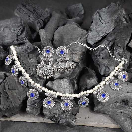 Blue Stone studded German Silver Neckpiece set