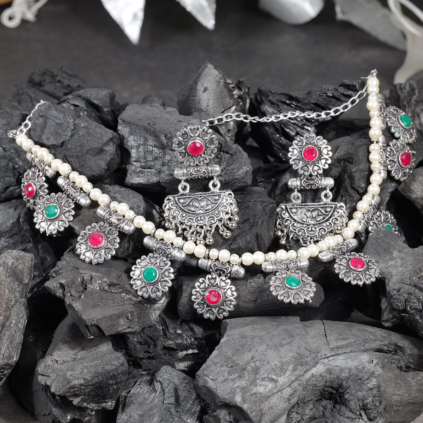 Multicolored Stone studded German Silver Neckpiece set