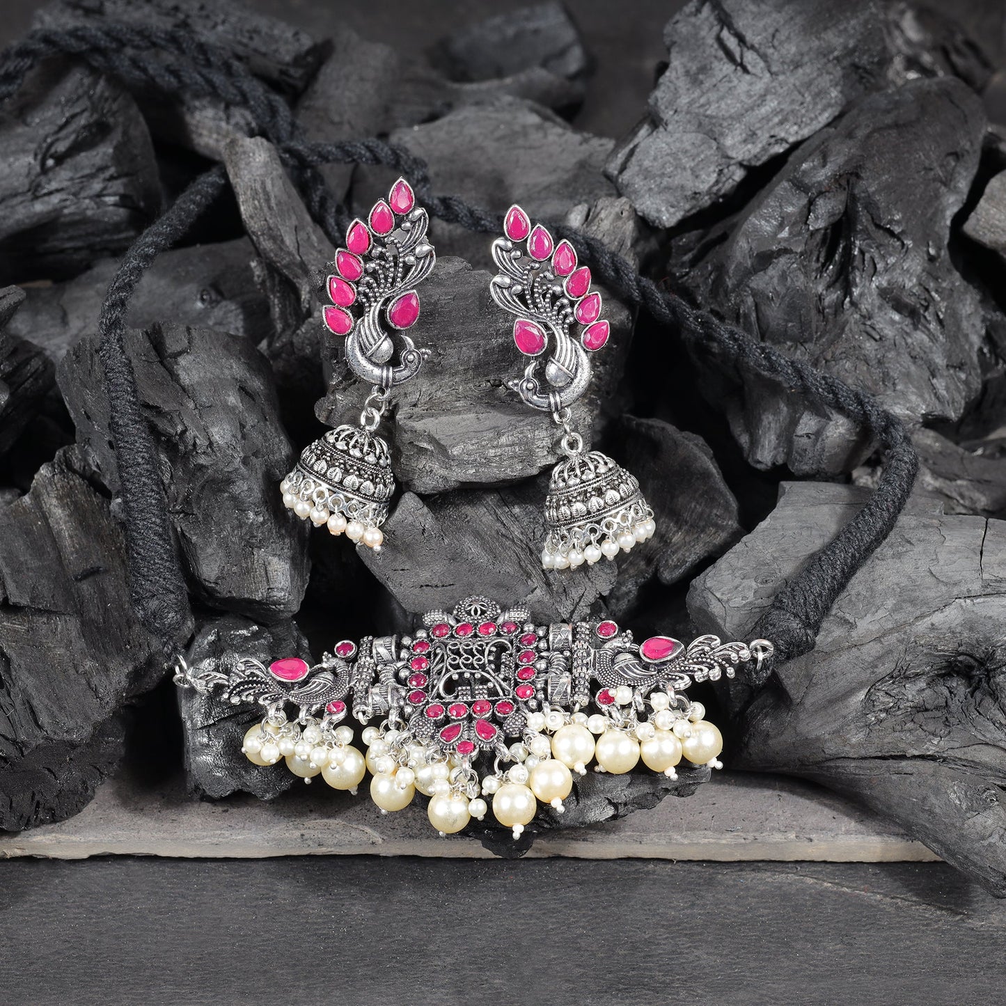 Red Stone studded German Silver Neckpiece set