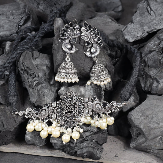 Black Stone studded German Silver Neckpiece set