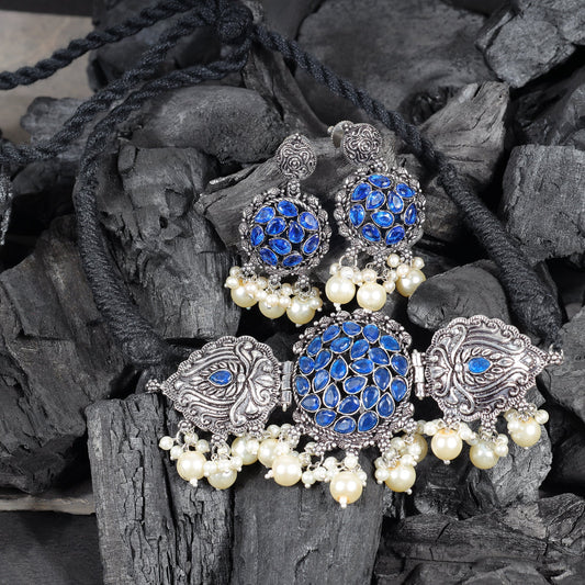 Blue Stone studded German Silver Neckpiece set