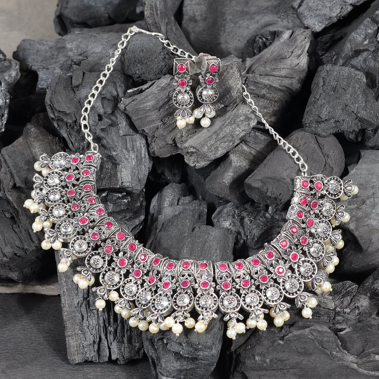 Red Stone studded German Silver Neckpiece set