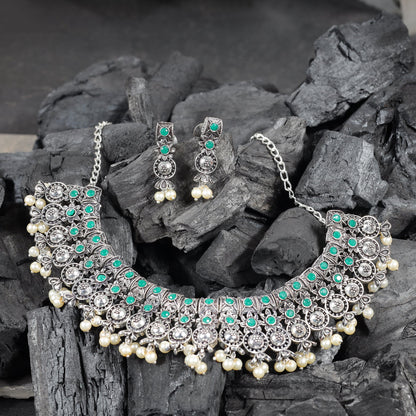 Green Stone studded German Silver Neckpiece set