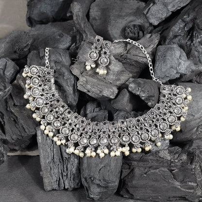 Black Stone studded German Silver Neckpiece set