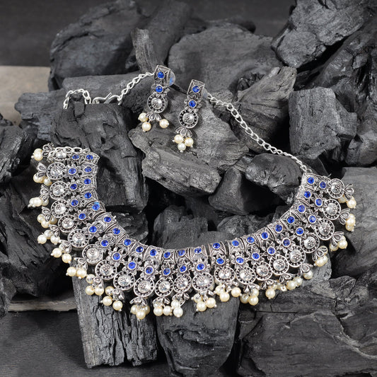 Blue Stone studded German Silver Neckpiece set