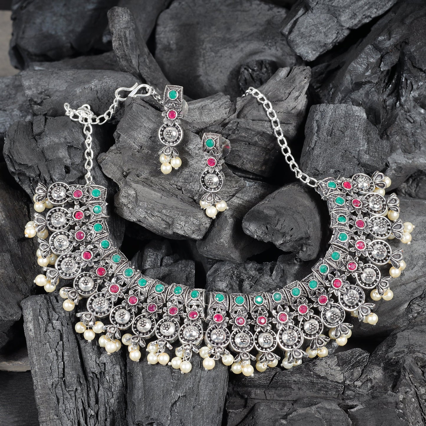 Multicolored Stone studded German Silver Neckpiece set