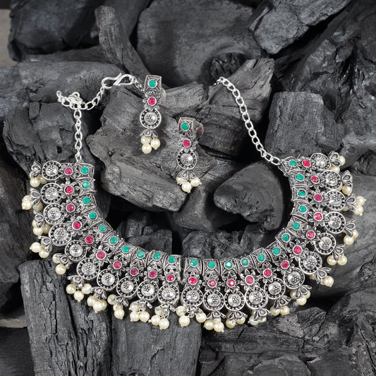 Multicolored Stone studded German Silver Neckpiece set