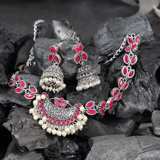 Red Stone studded German Silver Neckpiece set