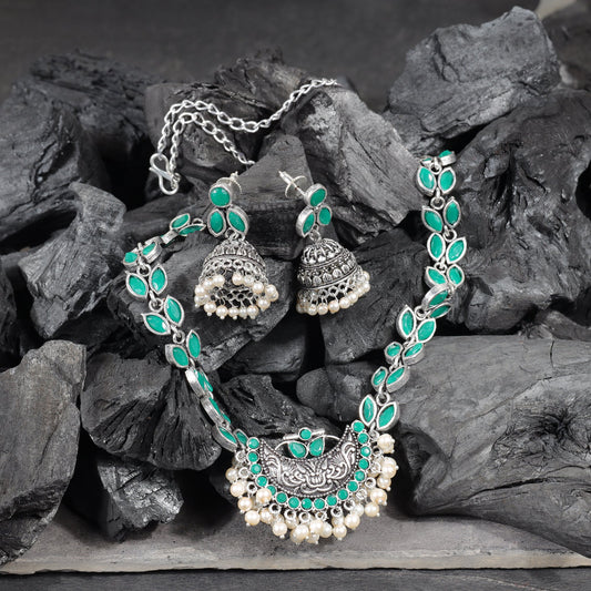 Green Stone studded German Silver Neckpiece set