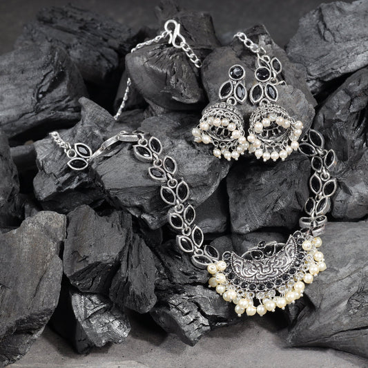 Black Stone studded German Silver Neckpiece set