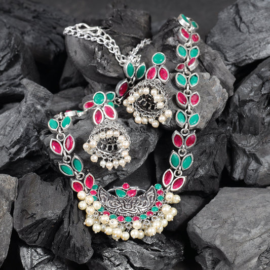 Multicolored Stone studded German Silver Neckpiece set