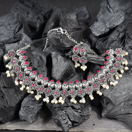 Red Stone studded German Silver Neckpiece set