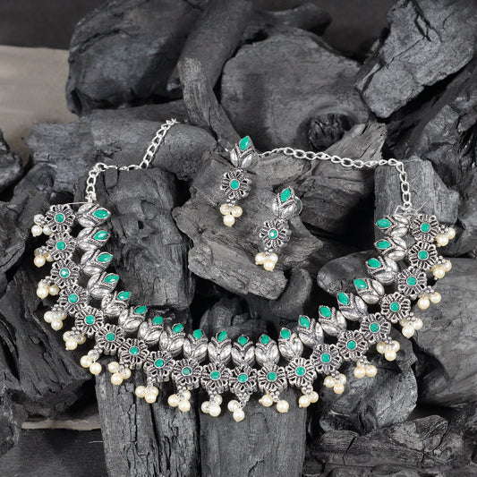 Green Stone studded German Silver Neckpiece set