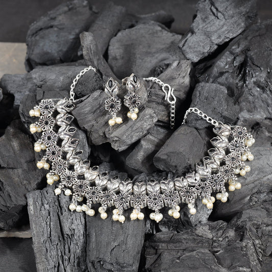 Black Stone studded German Silver Neckpiece set