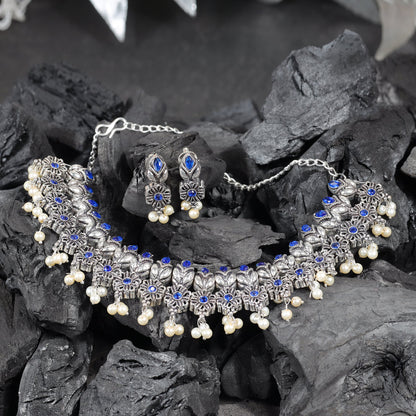 Blue Stone studded German Silver Neckpiece set