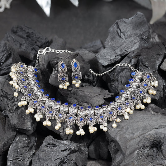 Blue Stone studded German Silver Neckpiece set