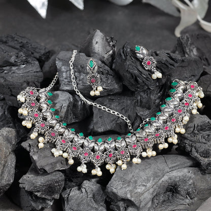 Multicolored Stone studded German Silver Neckpiece set