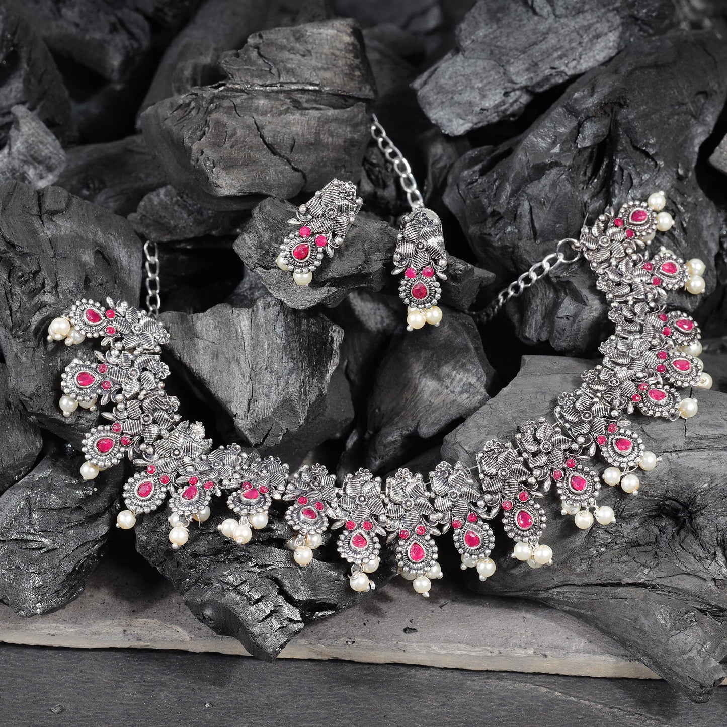 Red Stone studded German Silver Neckpiece set