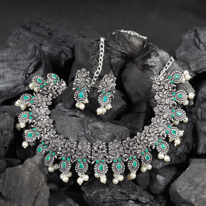 Green Stone studded German Silver Neckpiece set