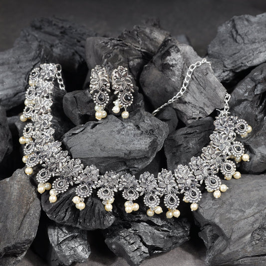 Black Stone studded German Silver Neckpiece set