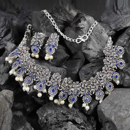 Blue Stone studded German Silver Neckpiece set