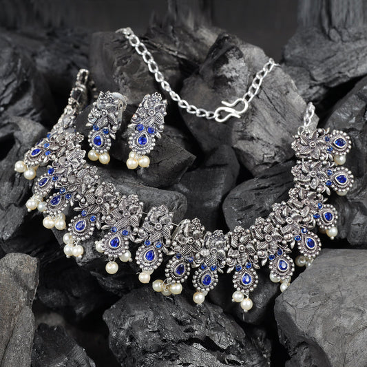 Blue Stone studded German Silver Neckpiece set