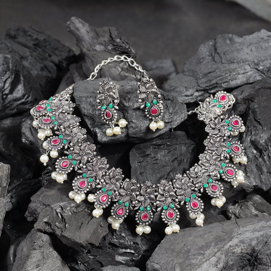 Multicolored Stone studded German Silver Neckpiece set