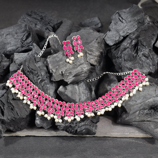 Red Stone studded German Silver Neckpiece set