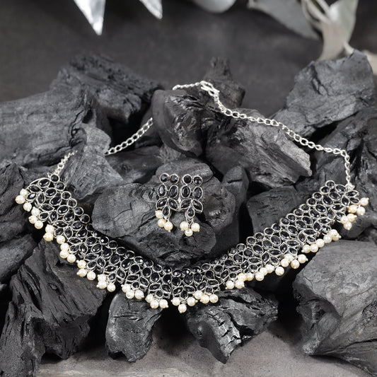 Black Stone studded German Silver Neckpiece set