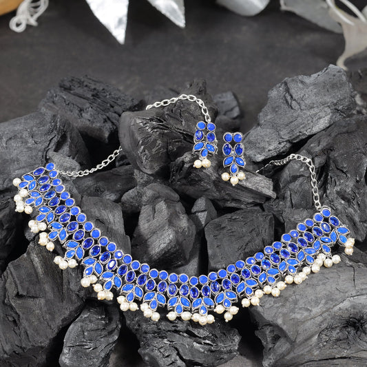 Blue Stone studded German Silver Neckpiece set