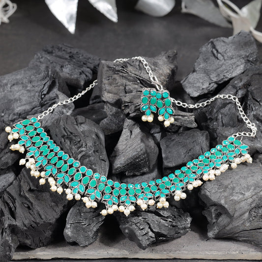 Green Stone studded German Silver Neckpiece set