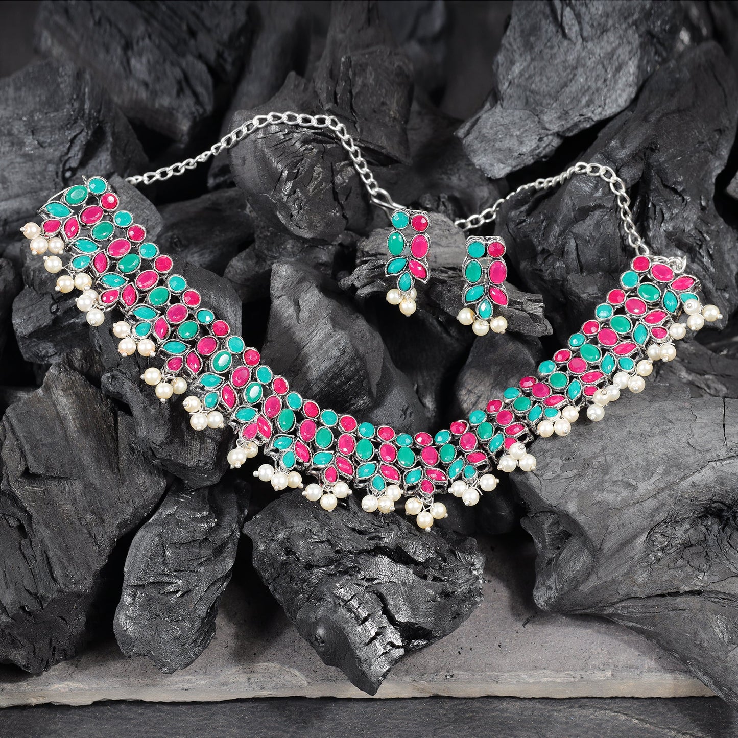 Multicolored Stone studded German Silver Neckpiece set