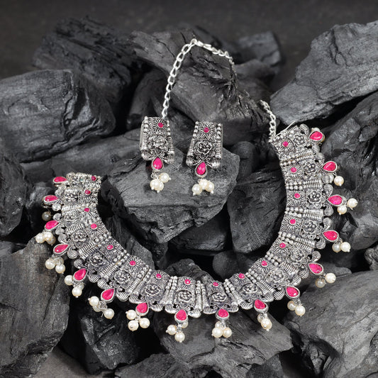 Red Stone studded German Silver Neckpiece set