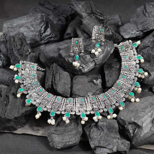 Green Stone studded German Silver Neckpiece set