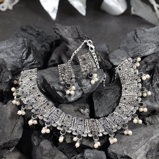 Black Stone studded German Silver Neckpiece set