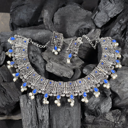 Blue Stone studded German Silver Neckpiece set