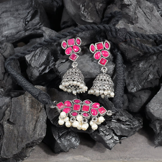 Red Stone studded German Silver Neckpiece set