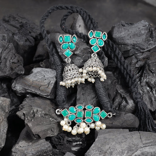 Green Stone studded German Silver Neckpiece set