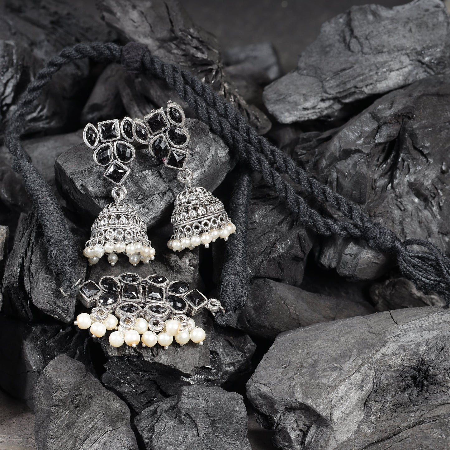 Black Stone studded German Silver Neckpiece set