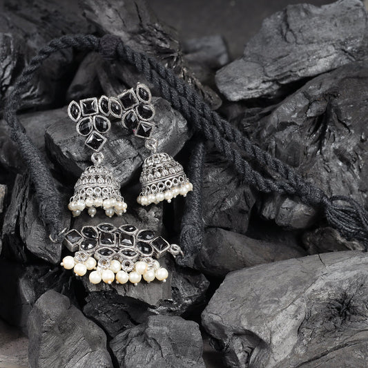 Black Stone studded German Silver Neckpiece set