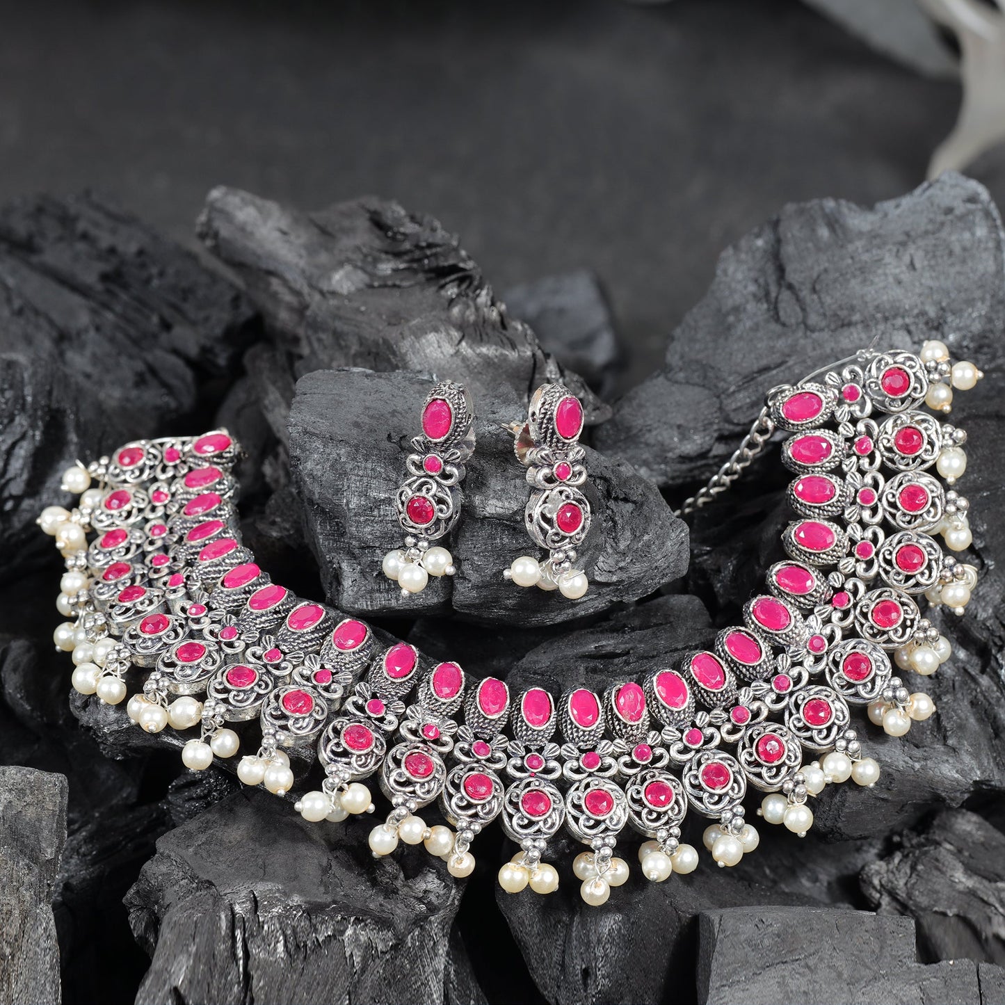 Red Stone studded German Silver Neckpiece set