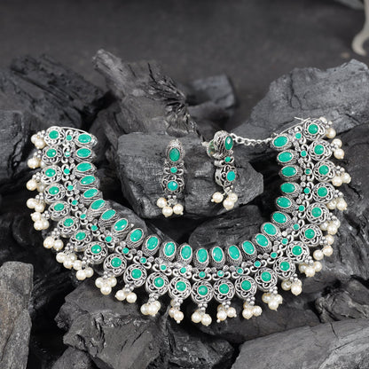 Green Stone studded German Silver Neckpiece set